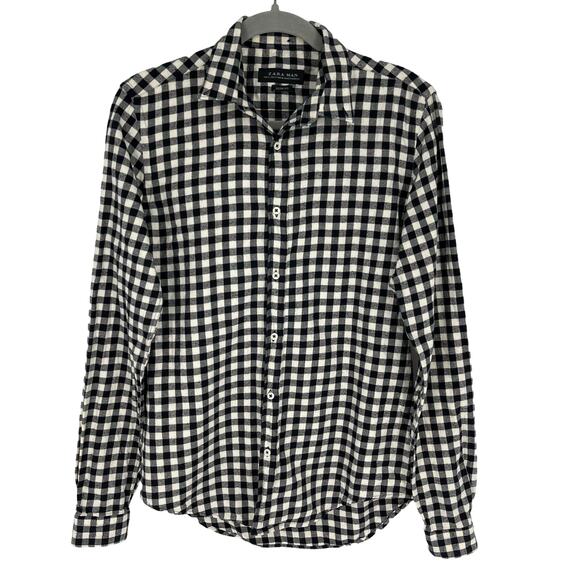 Zara Man Flannel Button Down Shirt Black White Plaid Men's Small Slim Fit - Picture 1 of 6